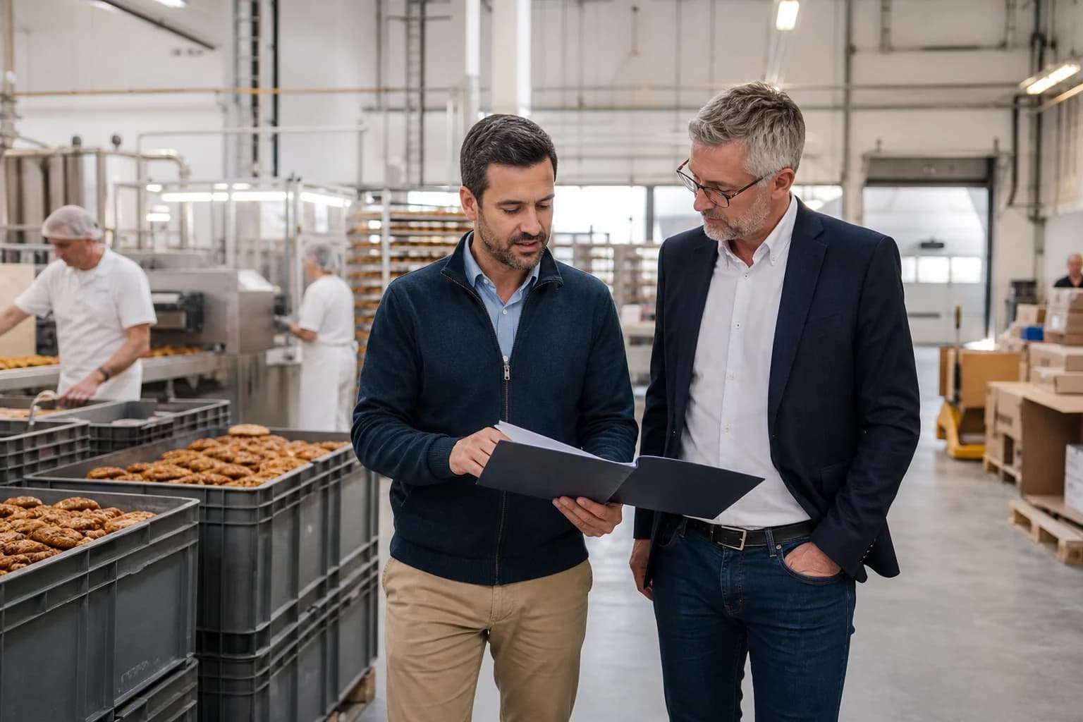 Small-business buyer and owner reviewing an acquisition inside an operating company